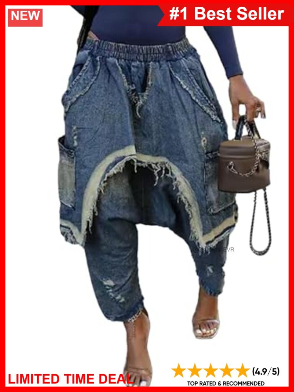 Harem Denim Pants Elastic High Waist Patchwork Wide Leg Jeans